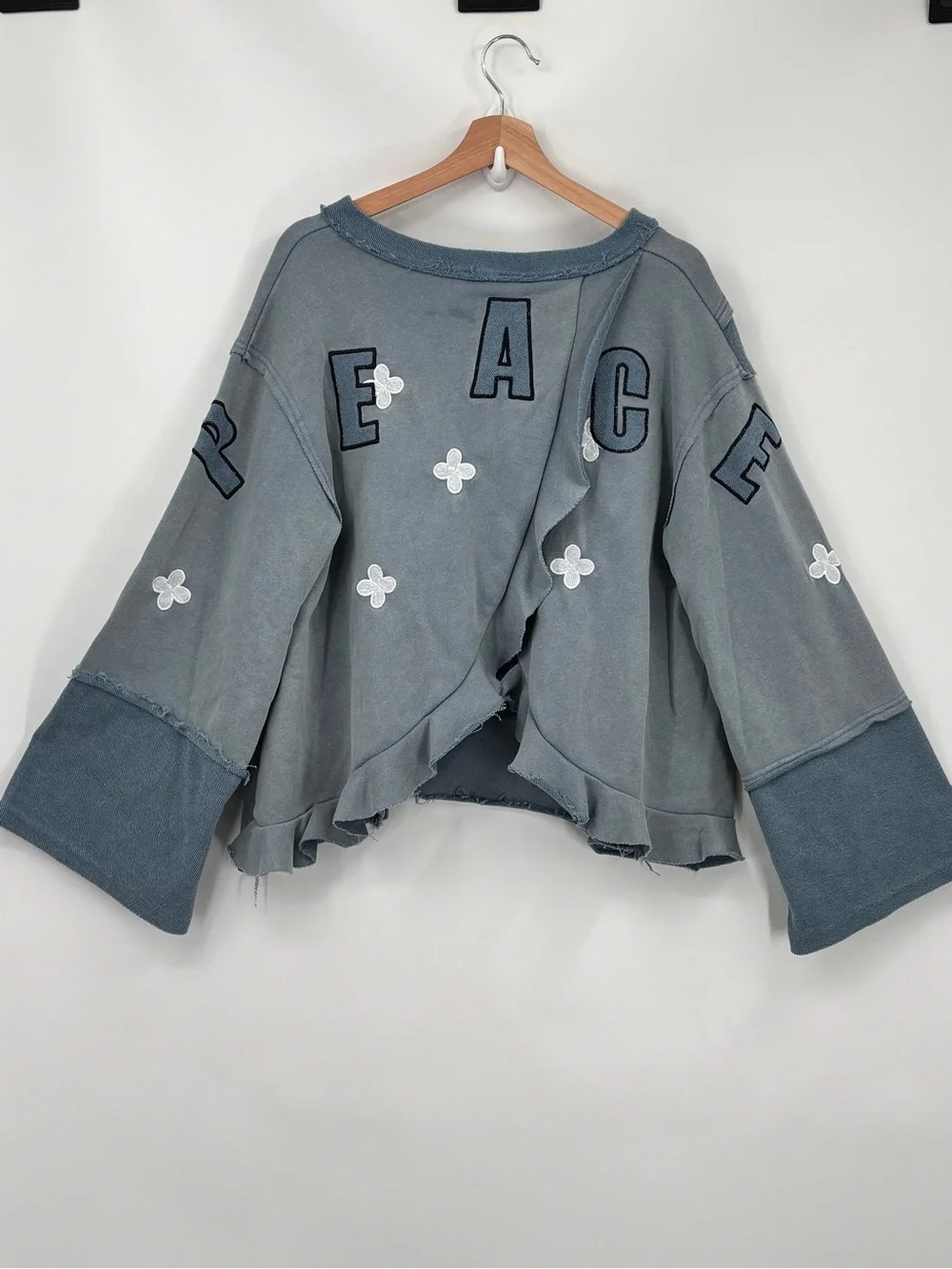 POL Peace boutique Blue Patchwork Embroidered V-Neck open Back slouchy top Sm - Picture 6 of 11